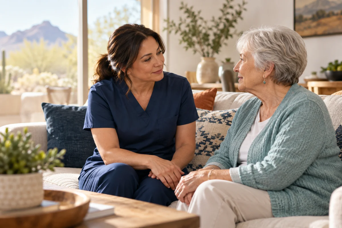 Illustrative scene of a nurse listening to an older adult in a comfortable home.